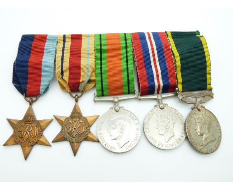 British Army WWII medals comprising 1939/1945 Star, Africa Star, Defence Medal, War Medal and Territorial&nbsp;Efficiency Med