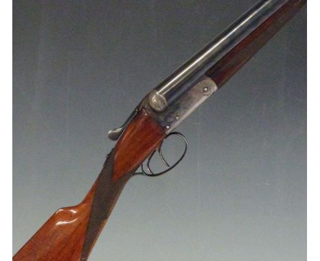 Belgian 12 bore side by side ejector shotgun with engraved lock, trigger guard, underside and top plate, chequered grip and f