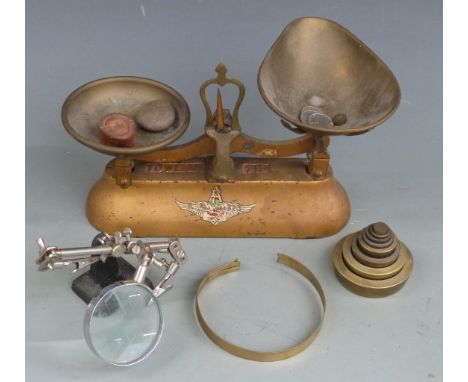 Set of Albion Foundry scales, various weights including Pooley and Avery and a desk magnifier