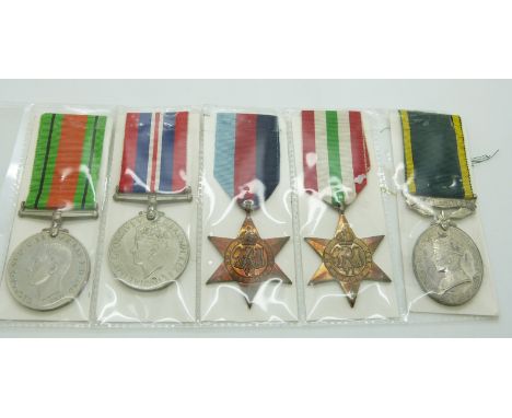 British Army WWII medals comprising 1939/1945 Star, Italy Star, Defence Medal, War Medal and Territorial&nbsp;Efficiency Meda