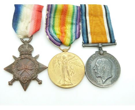 British Army WWI medals comprising 1914/1915 Star, War Medal and Victory Medal named to Bombardier G Reynolds, Royal Artiller