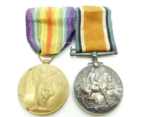 British Army WWI medals comprising War Medal and Victory Medal named to 29098 Pte R A V Hayden, Hampshire Regiment