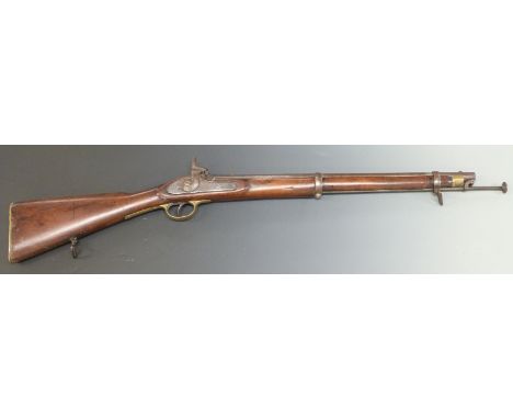 Indian Army 20 bore percussion hammer action two band cavalry carbine smooth bored rifle with lock stamped 1856 Tower, brass 