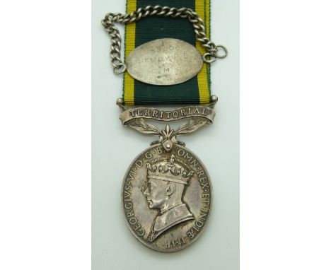 British Army Territorial Efficiency Medal (George VI) named to 858606 Gunner P B Dendy, Royal Artillery, with silver identity