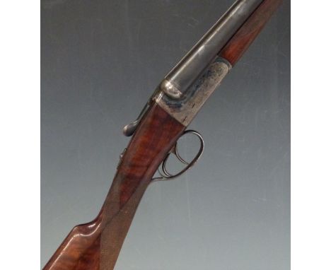 AYA 12 bore side by side ejector shotgun with named and line engraved lock, border engraved trigger guard, underside and top 