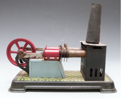 Bing horizontal hot air live steam engine with twin cylinders and flywheel, on painted metal base, 23cm long.&nbsp;