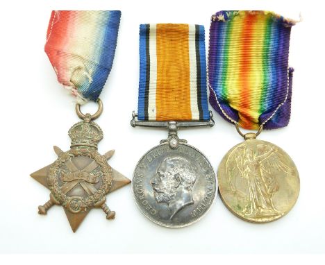 British Army WWI medals comprising 1914/1915 Star, War Medal and Victory Medal named to 13169 Pte J Cartwright, South Staffor