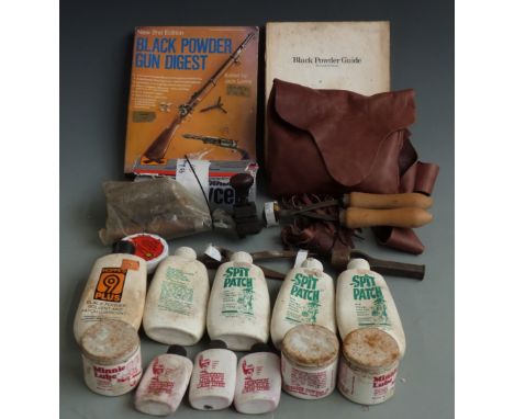 Collection of gun accessories including 90 rounds of .577 Enfield bullets, horn powder flask, percussion caps, Eley 16 bore w