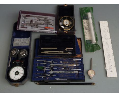 Quantity of scientific equipment including air flow meter or fan, drawing instruments including Rotring and Jakar, cased Smit