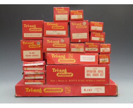 Twenty-one Tri-ang 00 gauge buildings, wagons, coaches, and accessories including Operating Royal Mail Coach Set R.23, Operat