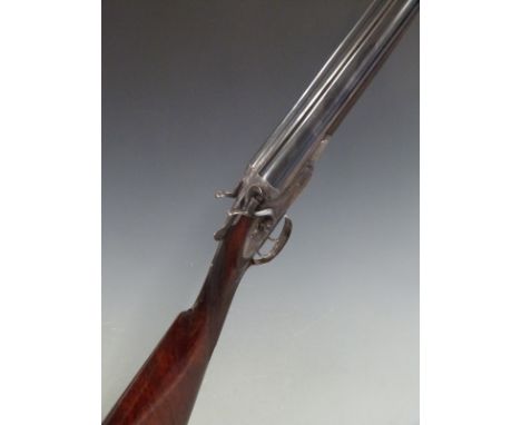 Unnamed 12 bore side by side hammer action shotgun with engraved lock, hammers, trigger guard, underside and top plate, chequ