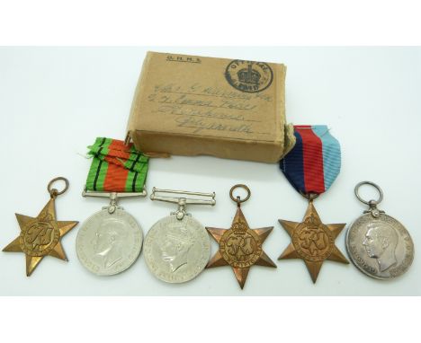 Royal Navy WWII medals comprising 1939/1945 Star, Pacific Star, Atlantic Star, Defence Medal, War Medal and Royal Fleet Reser