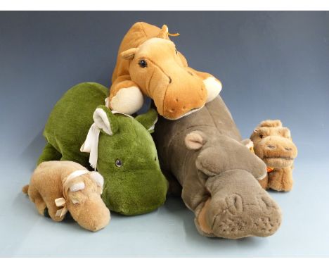 Five Teddy bears comprising three Steiff, Hippie the hippo, Rhino and one other together with two Merrythought Hippos, larges