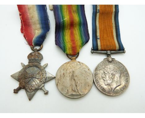 British Army WWI medals comprising 1914/1915 Star, War Medal and Victory Medal named to 1450 Pte V H Addison, East Lancashire