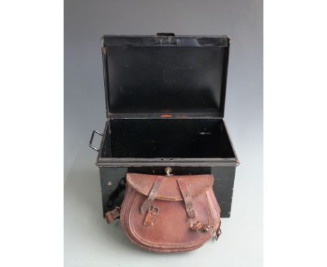 Military style metal ammunition box marked Dr V G Radclyffe together with a leather shotgun cartridge bag and matching belt.&