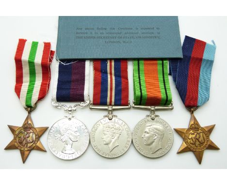 Royal Air Force WWII medals comprising 1939/1945 Star, Italy Star, Defence Medal, War Medal and Long Service &amp; Good Condu