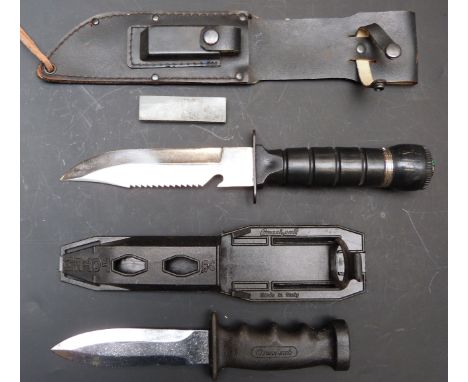 Two Italian hunting knives, one by Rostfrei blade length 15cm, with sheath, the other by Cressi-sub blade length 13cm, with s
