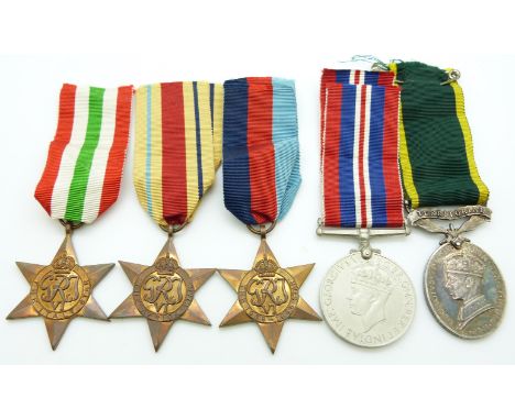 British Army WWII medals comprising 1939/1945 Star, Africa Star, Italy Star, War Medal and Territorial&nbsp;Efficiency Medal 