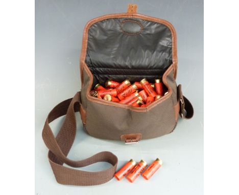One-hundred-and-twelve Lyalvale English Sporter 12 bore shotgun cartridges, in canvas and leather cartridge bag.&nbsp;PLEASE 