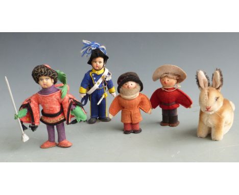 Steiff miniature rabbit with shaved mohair, 10cm tall, together with four vintage dolls of the world.&nbsp;