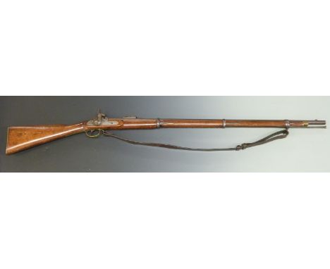 Enfield pattern three band percussion hammer action rifle with lock stamped 1855 Tower and with crown over VR cypher, brass t