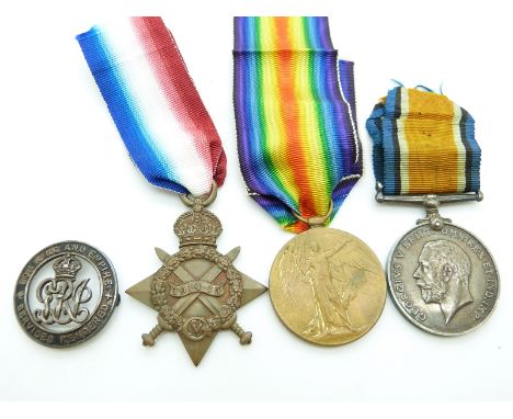 British Army WWI medals comprising 1914/1915 Star, War Medal and Victory Medal named to 14393 L/Cpl C Woods, South Lancashire