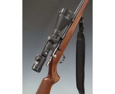 Anschutz model 1450 .22 bolt action rifle with chequered semi-pistol grip and forend, sling, sound moderator, Walther 3-9x56 