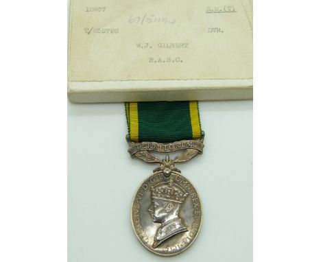 British Army Territorial Efficiency Medal (George VI) named to 858798 Driver W J Gilbert, RASC, with box