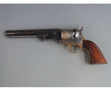 Italian Navy Arms Co six-shot single action .36 revolver with cylinder engraved with scenes of ships, brass trigger guard, sh