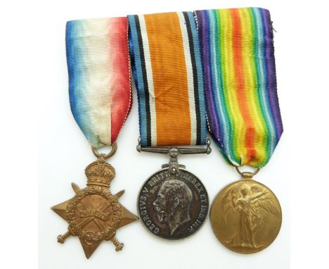 British Army WWI medals comprising 1914/1915 Star, War Medal and Victory Medal named to 80317 Gunner G W Hodson, RFA together