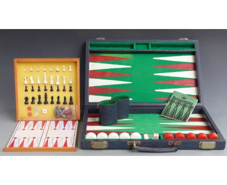 A de luxe backgammon set in faux snake skin leather case together with a travelling chess and backgammon set in wooden box.&n