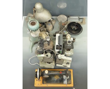 A collection of optical equipment to include microscopes including Russian and Japanese examples, scales, slide projector etc