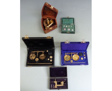 Small cased brass sextant, two sets of beam scales, cased weights and a watchmaker's tool