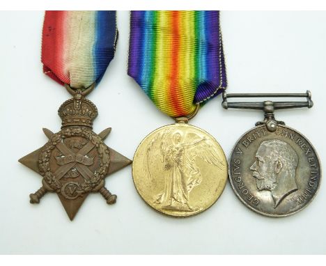 British Army WWI medals comprising 1914/1915 Star, War Medal and Victory Medal named to 7816 Pte B O'Neill, Royal Army Medica