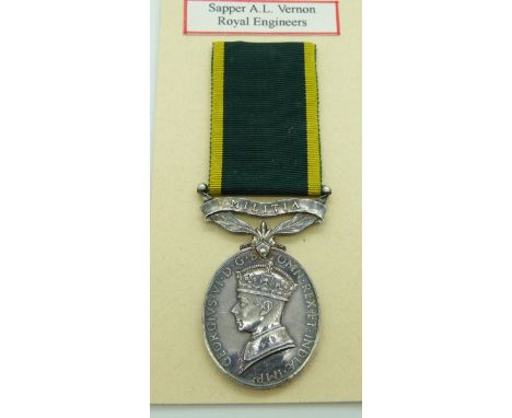 British Army Territorial Efficiency Medal (George VI) named to 986960 Sapper A L Vernon, Royal Engineers