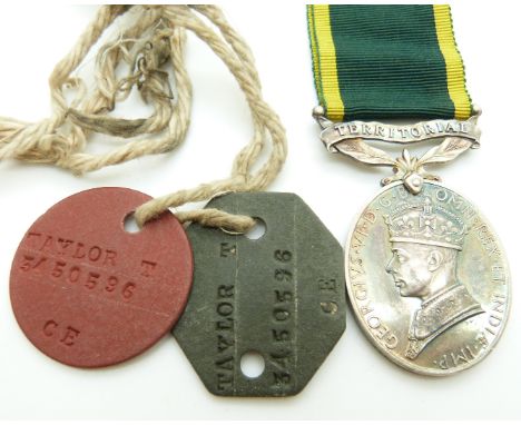 British Army Territorial Efficiency Medal named to 3450596 Rifleman T Taylor, Rifle Brigade, with identity discs