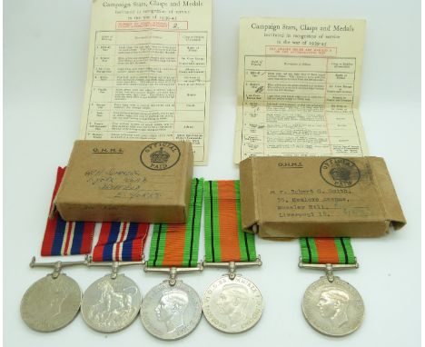 British Forces WWII boxed medals comprising Defence Medals addressed to R Smith, Mossley Hill, Liverpool, War Medal addressed