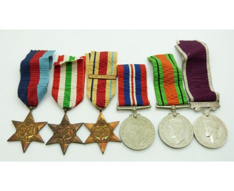 British Army WWII medals comprising 1939/1945 Star, Africa Star, Italy Star, Defence Medal, War Medal and Long Service &amp; 