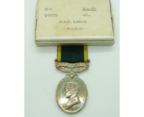 British Army Territorial Efficiency Medal (George VI) named to 87373 Cpl H W F Hamblin, RASC, with box