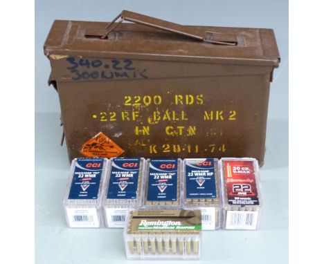 Two-hundred-and-fifty-eight CCI, Hornady and Remington .22 rifle cartridges, all in original boxes with a military marked amm