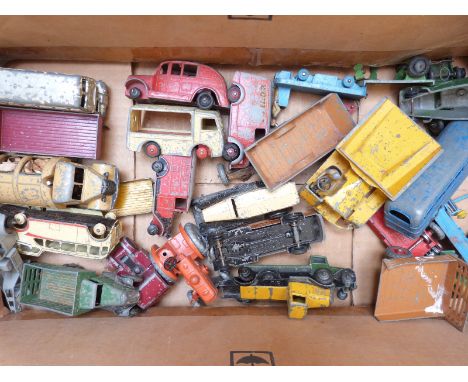 Twenty-five Dinky Toys diecast model commercial and agricultural vehicles including Loudspeaker Van 34C, Trojan Dunlop Van 45