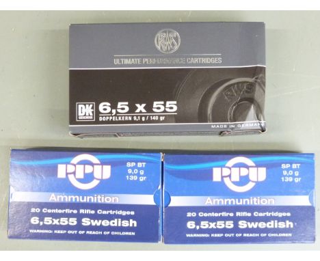 Forty0ne 6.5x55mm rifle cartridges, all in original boxes.&nbsp;PLEASE NOTE THAT A VALID RELEVANT FIREARMS/SHOTGUN CERTIFICAT