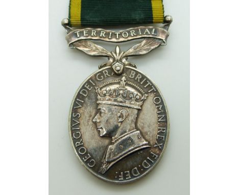 British Army Territorial Efficiency Medal (George VI) named to 81326 Sgt A D H Bellshaw, Royal Artillery