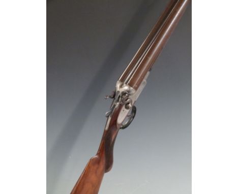 F Dyke & Co of London 12 bore side by side hammer action shotgun with engraved lock, hammers, trigger guard, underside and to