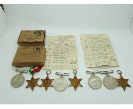 British Army WWII boxed medals comprising 1939/1945 Star, Italy Medal, Burma Star, Defence Medal and War Medal addressed to J