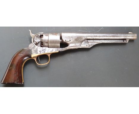 Colt Army .44 five-shot single action percussion revolver with brass trigger guard, shaped wooden grips and 8 inch barrel, ov