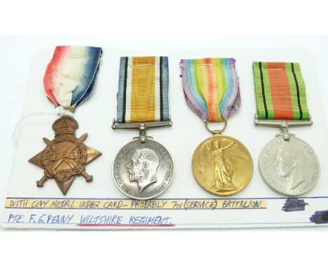 British Army WWI medals comprising 1914/1915 Star, War Medal and Victory Medal named to 12244 Pte F G Penny, Wiltshire Regime