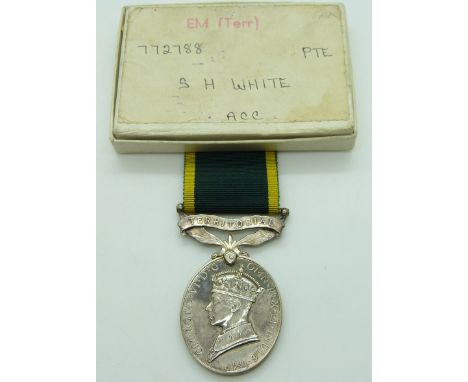 British Army Territorial Efficiency Medal (George VI) named to 772788 Pte S H White, Army Catering Corps