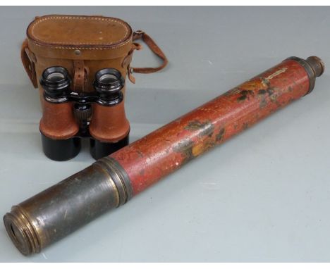 Brass and painted telescope and a pair of binoculars in leather case