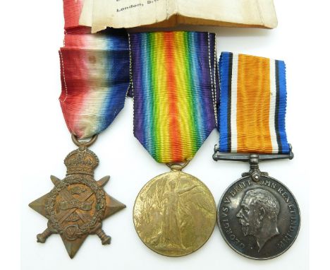 British Army WWI medals comprising 1914/1915 Star, War Medal and Victory Medal named to 64779 Bombardier F Maynard Royal, Fie